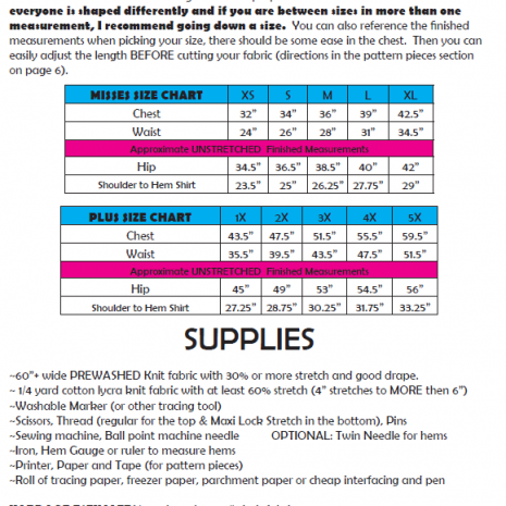 Size & Supplie Chart