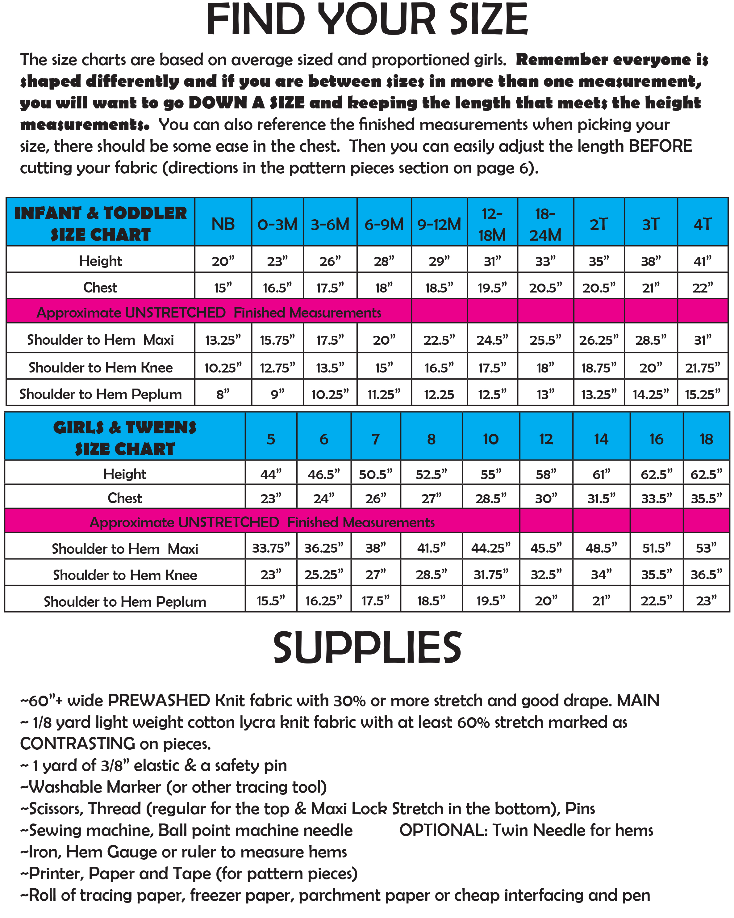 california girls size & supply chart